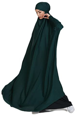 BRONG Damen Muslimisches Einteiliges Gebetskleid Abaya Jilbab Frauen Musselin Dubai Türkei Robe Gebet Jilbab Ganzkörper Maxi Kleid mit Hijab Dunkelgrün