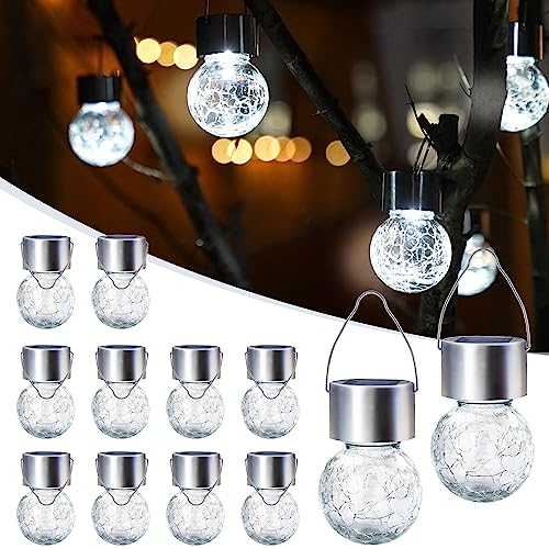 GIGALUMI Lot de 12 lampes solaires d'extérieur à suspendre pour décoration de Noël, lampes solaires en verre craquelé, étanches pour jardin, cour, clôture, arbre (blanc froid)