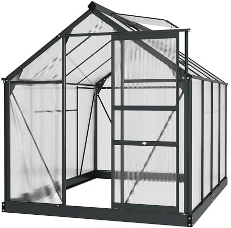 Outsunny 6 x 8ft Polycarbonate Greenhouse, Large Walk-In Green House with Slide Door and Window, Garden Plants Grow House with Aluminium Frame and Foundation, Grey