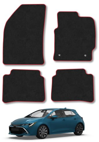 Fits Toyota Corolla (2019+) Carpet Car Floor Mats | Tailored Fit Tufted-Pile Premium Carpet Red Trim Non-Slip Floor Mats Full Coverage Compatible Accessory Front Rear