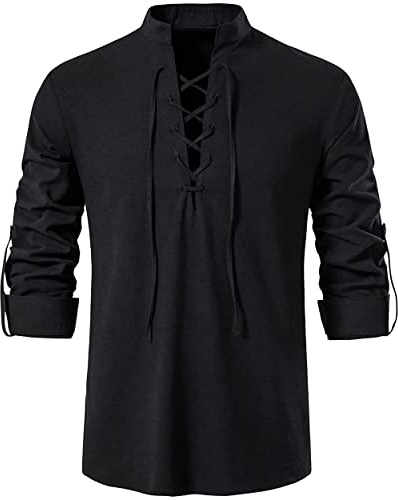 LUYANA Herren Mittelalter Wikinger Hemden Langarm Leinenhemd | Herren-Kostüm mit Schnürung, Mittelalterliches Schottisch Jacobit Shirt, Stehkragen Freizeithemd Vintage Schnürhemd