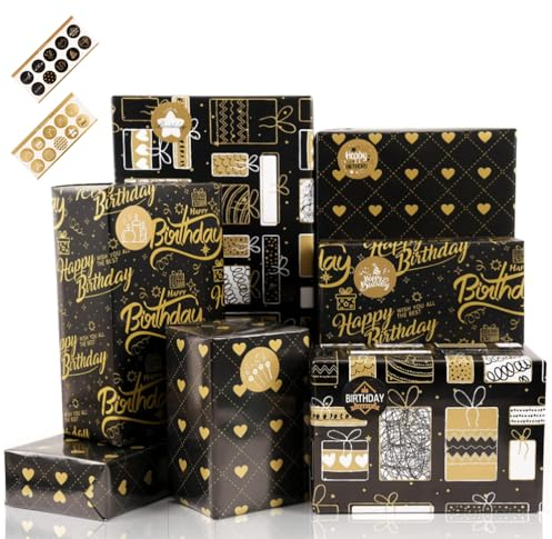 Geschenkpapier Geburtstag, 6 Blatt Kinder Packungen Geschenkpapier, Schwarzes Gold Geschenkverpackung Papier für Geburtstag Abschlussfeiern(70X50cm)