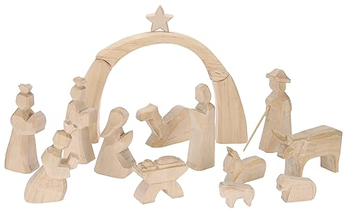 Sunnysue 400-36-AMZ Große Weihnachtskrippe mit 16 vorgeschnitzen Figuren, Natur