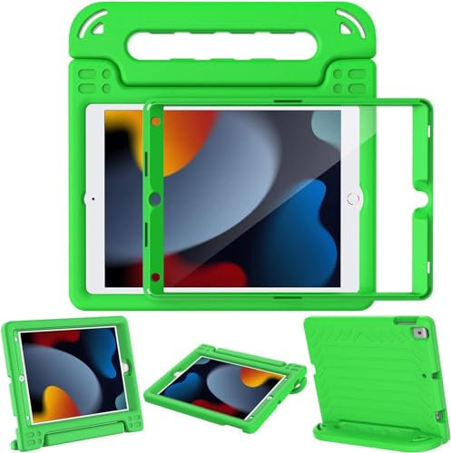 SINSO Kids Case for iPad 10.2 9th, 8th & 7th Generation (2021/2020/2019) With Screen Protector - Shockproof Cover, Handle Stand, Green