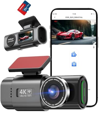 Cámara de Coche Frontal y Trasera, 4K+1080P WiFi Dashcam con Tarjeta 64G, Control App, WDR, Super Visión Nocturna, 170°+140° Ángulo Ancho, G-Sensor, Monitor de Aparcamiento, Grabación de Bucle