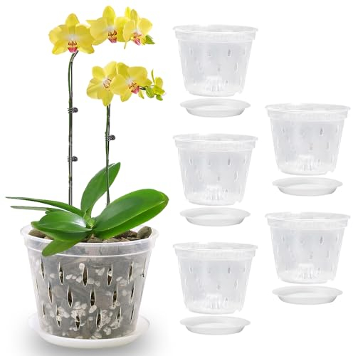 ZOYDP 5 Pack Orchid Pots Clear, 14CM Plant Pots Plastic, Orchid Pots with Holes and Saucers, Plastic Flower Plant Pots Indoor Breathable Slotted Orchids Planter for All House Plants