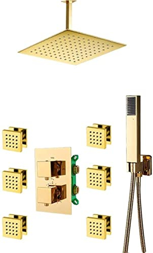 Duschsystem Gold-Thermostat-Duscharmaturen-Set, 3-Wege-eingelassene Gold-Thermostat-Mischbatterie mit 6-teiligen Massagedüsen, Badewannen-Duschset 10 Zoll, Komplettset-10_Zoll_Kompletter_Sa
