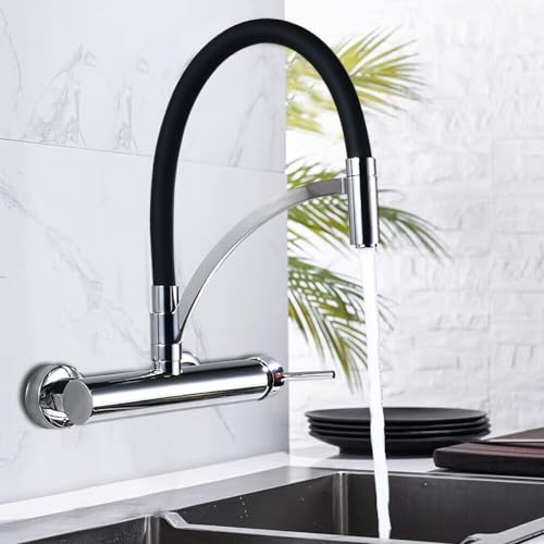 Wasserhahn Küche Wandmontage, 180° Drehbare Heißer und Kalter Messing Spültischarmatur, Flexibel Ausziehbarer Küchenarmatur für Küchen Bädern usw Schwarz