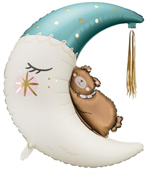 PartyDeco Folienballon Mond mit Bär 71x86cm - XXL Ballon für Helium oder Luft Folienballon Teddybär auf dem Mond, 98 cm- Folienluftballon als Geburtstagsdeko - Weiß Blau
