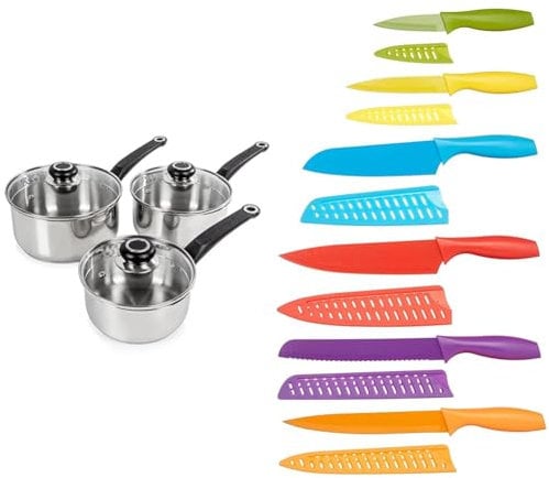 Morphy Richards 970003 Equip 3-Piece Pan Set, Stainless Steel & Amazon Basics 12-Piece Knife Set, Multicolor