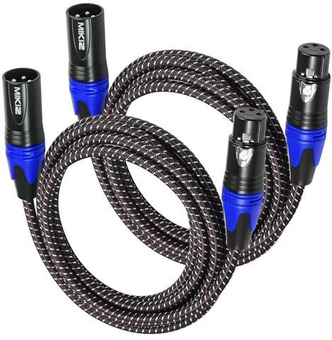 Lot de 2 câbles XLR tressés de 0,9 m avec code couleur bleu – Câbles de raccordement XLR courts anti-enchevêtrement mâle vers femelle pour microphone DJ