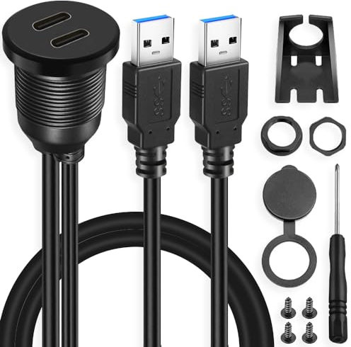 Xiatiaosann Dual USB C Car Flush Mount Cable, Dual Type-C Female to USB Male Dash Panel Extension Cable for Car, Boat or Motorcycle, with Car Flush Mount Accessory (3FT/1m)