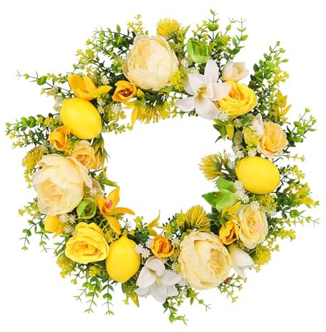 Summer Yellow Lemon Wreath for Front Door,Artificial Rose Wreath with Green Eucalyptus Leaves,Lifelike Lemons Decor for Wedding Party Holiday Indoor Outdoor (45cm/17.7in)