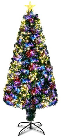 VINGLI Albero di Natale artificiale pre-illuminato in fibra ottica con luci LED multicolore, 130 rami, decorazione a stella, piccolo albero di Natale con luci, decorazione per interni e casa (verde)