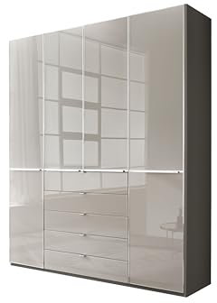 WIEMANN Drehtürenschrank mit 5 Schubkästen hochwertiger Kleiderschrank Schlafzimmerschrank 200cm breit, mit Schubladen, Glas Kieselgrau, Korpus Havanna, Höhe 236cm, Shanghai