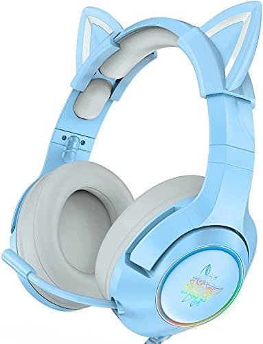PHNIXGAM Gaming-Kopfhörer FÜR PS4, PS5, Xbox One X/S (Ohne Adapter), 3.5mm Kopfhörer Mit Abnehmbaren Katzenohren, GeräuschunterdrÜCkendes Mikrofon, RGB, Surround-Sound FÜR PC, Mobiltelefon (Blau)