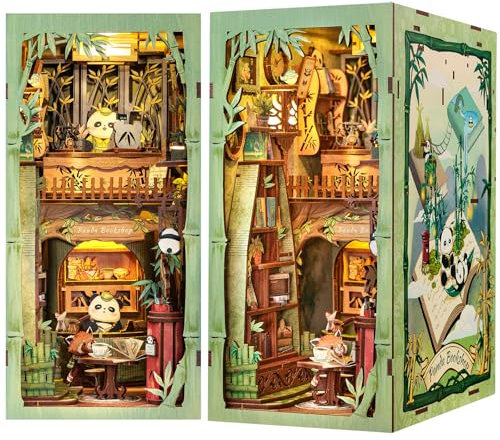 Cutefun Kit de diorama de librería, de madera, miniatura para montar tú mismo, decoración para tu estante de libros, kit de modelado con luces LED, Panda