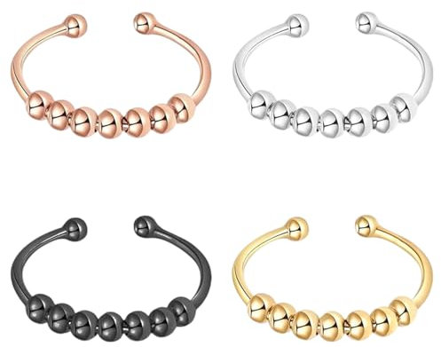 Katyjun 4 Stück Anxiety Ring, Anti Stress Ring, Edelstahl Stressring mit Perlen