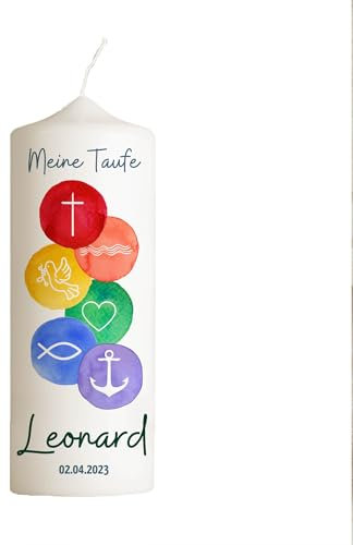 Taufkerze | 5 Symbole | 15-30 cm Höhe | Personalisierte Kerze | Jungen und Mädchen | Evangelisch | Katholisch