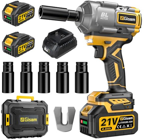 Gisam 650 N.m Clé à Chocs Sans Fil Brushless, 1/2 pouce Boulonneuse a Choc Electrique avec 2x4.0Ah Batterie, Chargeur Rapide, Visseuse à Choc avec 5 Douilles pour la Voiture et la Maison