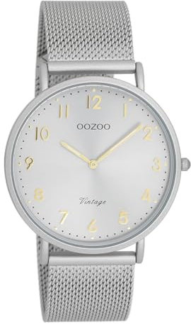Oozoo Vintage Damen Uhr hellgrau | Armbanduhr Damen mit Metallgitter-Armband | Moderne Uhr für Frauen | Edle Analog Damenuhr in rund C20379 (40mm Gehäuse)