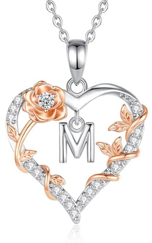 EUDORA Harmony Ball Rosa Cuore Collana con iniziale M per donne Lettera M Alfabeto iniziale Collane Rame Placcato rodio Ciondolo con Zirconi Cubici, Iniziali Gioielli Regali per Donne Moglie, 18
