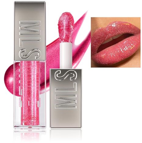 Pink Lip Gloss Mirror High-Shine Moisturizing Lip Gloss Oil - Shimmer Liquid Pink Lipstick for Women - Glitter Lipstick Lip Tint Reduce Fine Lines Lip Glaze with Brush Waterproof