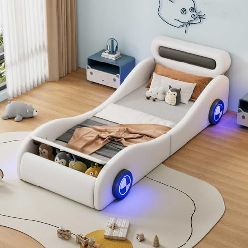 YEHTOKHOME Lits rembourrés 90x200cm Enfants Forme de Voiture,Multifonctionnels lit Simples avec Roues éclairées et Espace de Rangement,PU(sans Matelas) (Blanc)