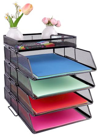 HMXLJJY 4 Tier Mesh in Trays,Stackable Office Desk Tidy File Holder with Top Stationery Holder,Paper Document Letter Trays for Office School and Home Black
