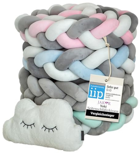 Bettschlange in 2 oder 3 Meter - geprüfte ÖKO TEX Qualität - Bettschlange geflochten inkl. Wäschenetz - Babybettumrandung - Bettumrandung Babybett – 300x12x8cm (Rosa/Weiß/Grau)