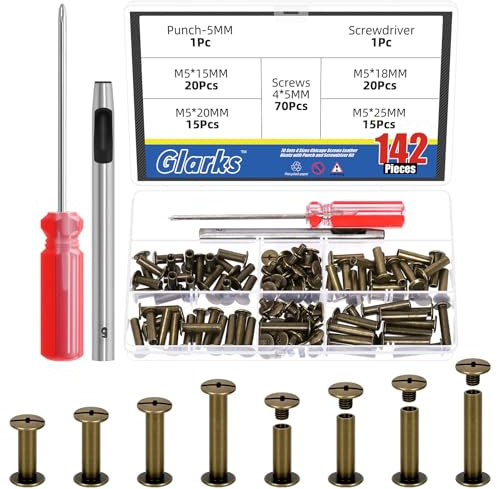 Glarks 70 Ensembles M5 x 15/18/20/25mm Kit de vis Chicago en bronze, comprend 70pcs Chicago vis de liaison, 1pcs Punch, 1pcs tournevis, Chicago bouton de liaison Post vis rivets d'ongles