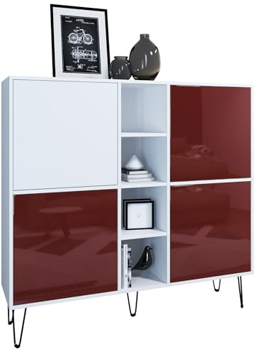 Vladon Highboard Havana V3, Kommode mit 4 Türen und 4 offene Fächer, Kommode Made in Germany, Weiß matt/Bordeaux Hochglanz (130,5 x 124 x 35 cm)