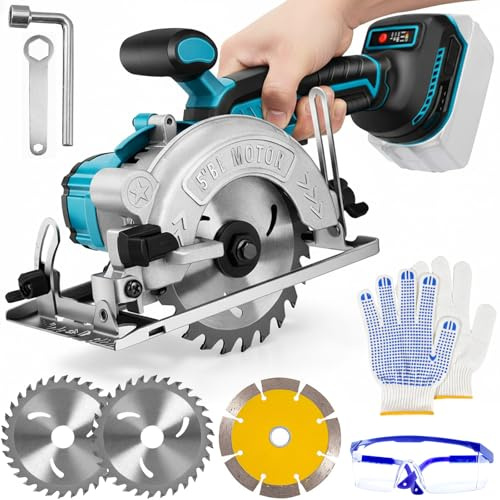 Akku Kreissäge Kompatibel mit Makita 18V Lithium-Akku, Bürstenlose Handkreissäge mit 2 Sägeblättern(125mm), 6500RPM, 0-45° Schwenkbar & 0-45mm Schnitttiefe für Holz, Metall, Fliesen(Ohne Akku)
