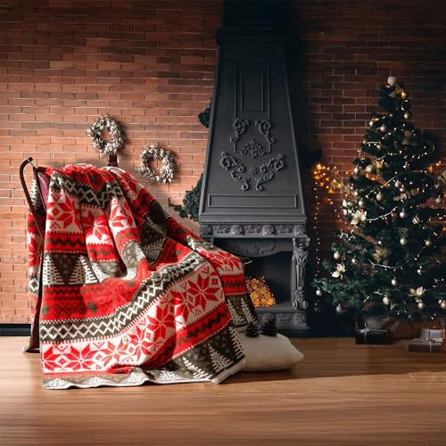 MaxxGoods Weihnachtsdecke 200x150 cm Rot - Kuschelige warme Winterdecke mit Schneeflocken, Herzen & Bäumen - Festliche Sofadecke - Flauschdecke - Decke aus Baumwollmix - Kuscheldecke Weihnachten