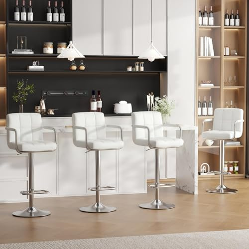 Ckaff Barhocker 4er Set, Barstuhl höhenverstellbar aus PU-Leder, 360°Drehstuhl Küchenstuhl mit Armlehnen, Rückenlehne und Fußstütze für Küche, Wohnzimmer, Esszimmer, Weiß