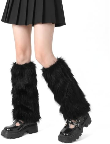 Thrynexon Black Faux Fur Leg Warmers for Women Fluffy Boot Covers Knee High Fuzzy Cuffs for Rave Festival Y2K Goth Cosplay Party Winter Thermal Socks
