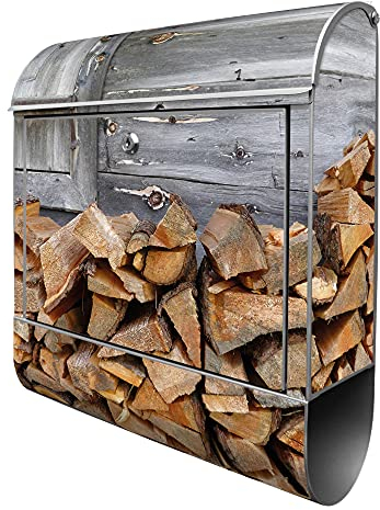 banjado® Design Briefkasten mit Feuerholz 38,5x46,5x13cm & 2 Schlüssel - Briefkasten Stahl Silber mit Zeitungsfach pulverbeschichtet - Postkasten A4 Einwurf inkl. Montagematerial