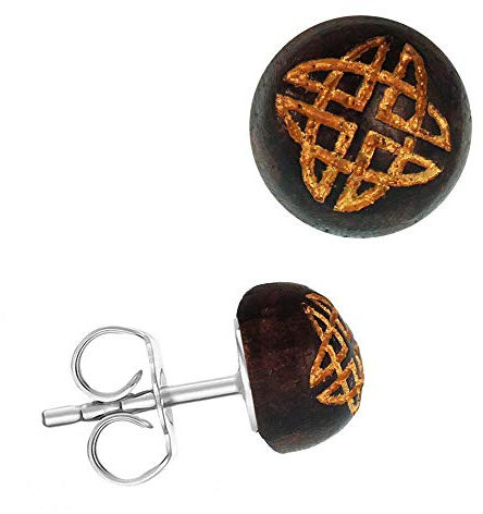 CHICNET Holz Ohrstecker Edelstahl Sonoholz rund 8mm Lasergravur Gold Motive Unisex Damen Herren Celtic keltisch Nordic nordisch Viking Maori Azteken Symbole Krieger Om Spinne Schneeflocke