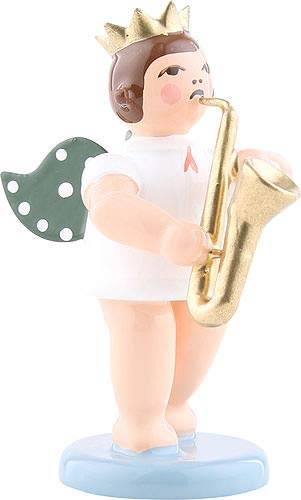 KDE Ellmann Engel mit Krone und Saxophon - 6,5 cm - grüne Flügel - Weihnachtsengel Erzgebirge