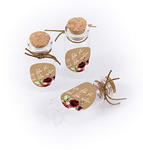 Schokoladenseite 40 Stück Mini Glasflaschen 12 ml, Fläschchen mit Korken, Aufkleber Vintageflower 19040530, Geschenk geeignet für Hochzeit Gastgeschenk Blumensamen Taufe Kommunion Geburtstag Feste