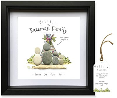 Pebble Picture Gift Camping Family - Personalised Handmade & Framed to Order - Birthday Friendship Housewarming. Options Available
