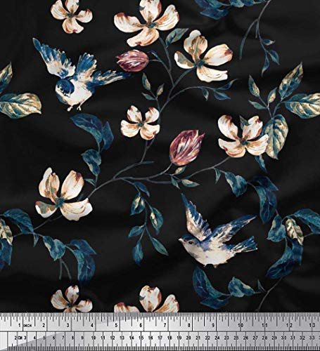 Soimoi Schwarz Viskose Chiffon Stoff Robin, Blutter & Wildblumen Blumen- Stoff Meterware 42 Zoll breit