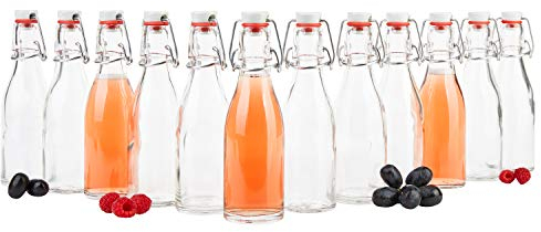 Lot de 12 bouteilles de bière MamboCat 200 ml I Bouteilles de bière rondes I Bouteilles en verre transparentes à remplir I Jus, bière, eau-de-vie, liqueur, vinaigre & huile I Fermeture à étrier