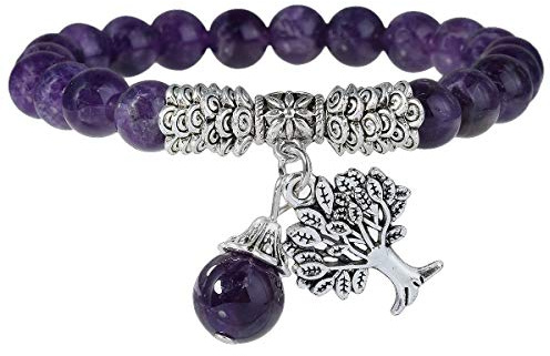 Nupuyai Tree of Life Healing Crystal Bracelet for Women | 8mm Chakra Bracelet, Tree of Life Charm, Polished Elastic Stretch Beaded Jewelry for Women, Daily Wear