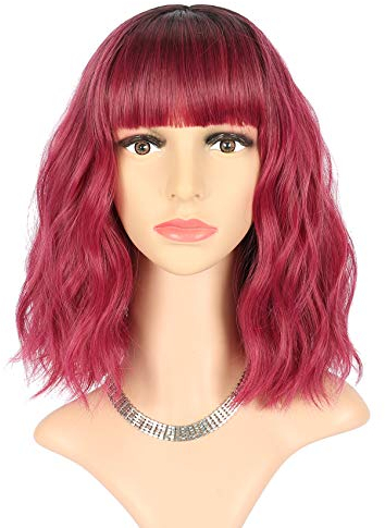 FAELBATY Short Wave Bob rosa Perücke mit Pony Synthetische Ombre Pink Cosplay Perücke für Frauen Halloween Perücke Kostüm Perücken (12Ombre Dark Red Farbe)
