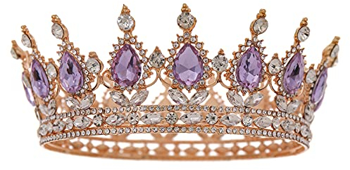 FORSEVEN Queen Crown Strass Hochzeit Kronen und Tiaras für Frauen Kostüm Party Haarschmuck Prinzessin Geburtstag Krone Kristall Brautkrone, Gold und Hellviolett, Einheitsgröße