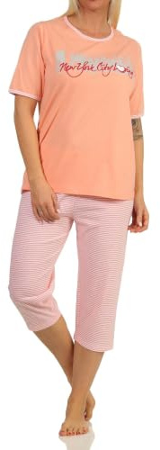 Toller Damen Capri-Schlafanzug mit 3/4-Hose, mit Frontprint 'New York City Loving' 66337, Farbe:apricot, Größe:44-46