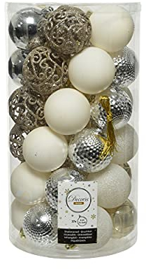 Decoris Weihnachtskugeln Kunststoff 6cm x 37er Ornamente Mix Set Christbaumkugeln bruchsicher Mix Creme