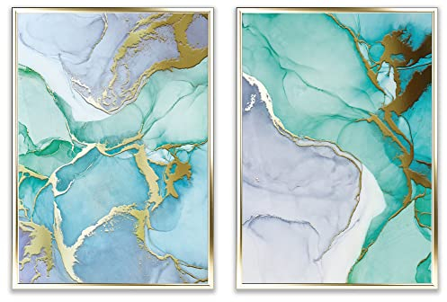 Heimlich Premium Poster Set Deko Gold OHNE Bilderrahmen | Gold Deko Wohnzimmer | Bilder Gold Posterset | Bilderset Poster Abstrakt DIN A3 - [30x42cm] | » Blau Aquarell «