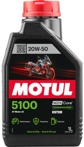 Motul 5100 4T 20W-50 Motorcycle Oil - Technosynthese Semi-Synthetic Ester Technology - JASO MA2 API SP - V-Twin Harley Engine Protection Smooth Shifting - Street ATV UTV 1L